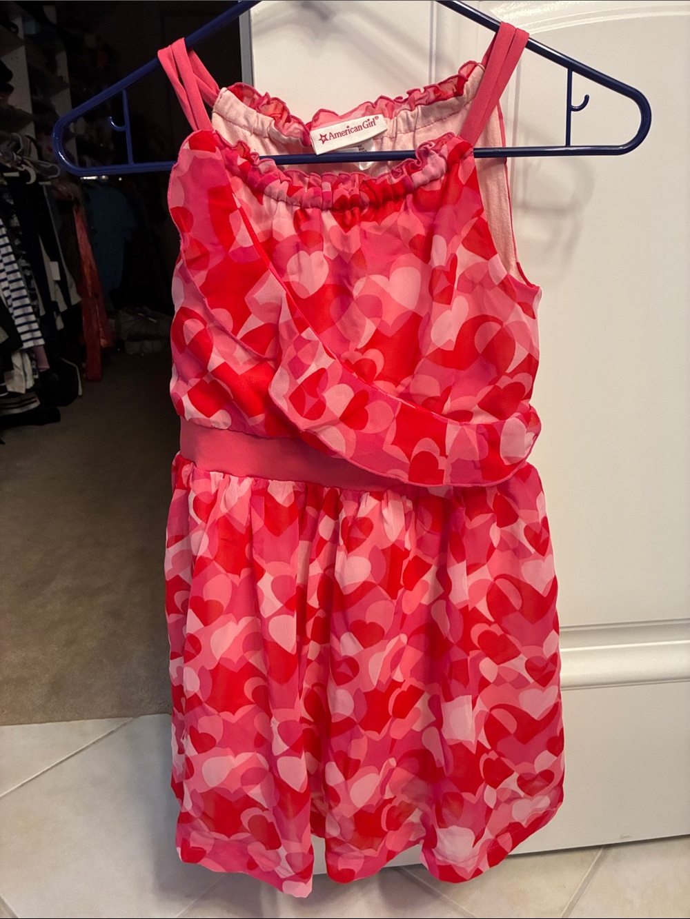 American Girl. Girls Pink Red Heart-Print Party Dress with matching doll dress.